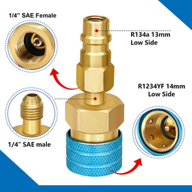 Boltigen blue low-side adapter shown for low-pressure R1234yf service and controlled charging
