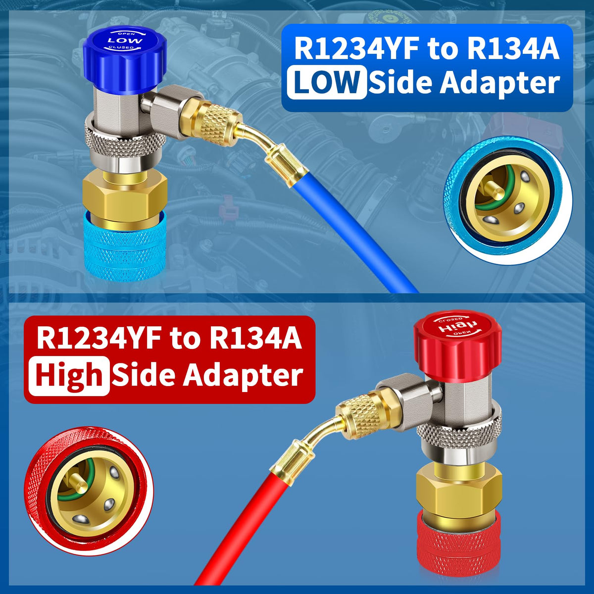 Boltigen blue low-side coupler detailed view for fast R1234yf to R134a access