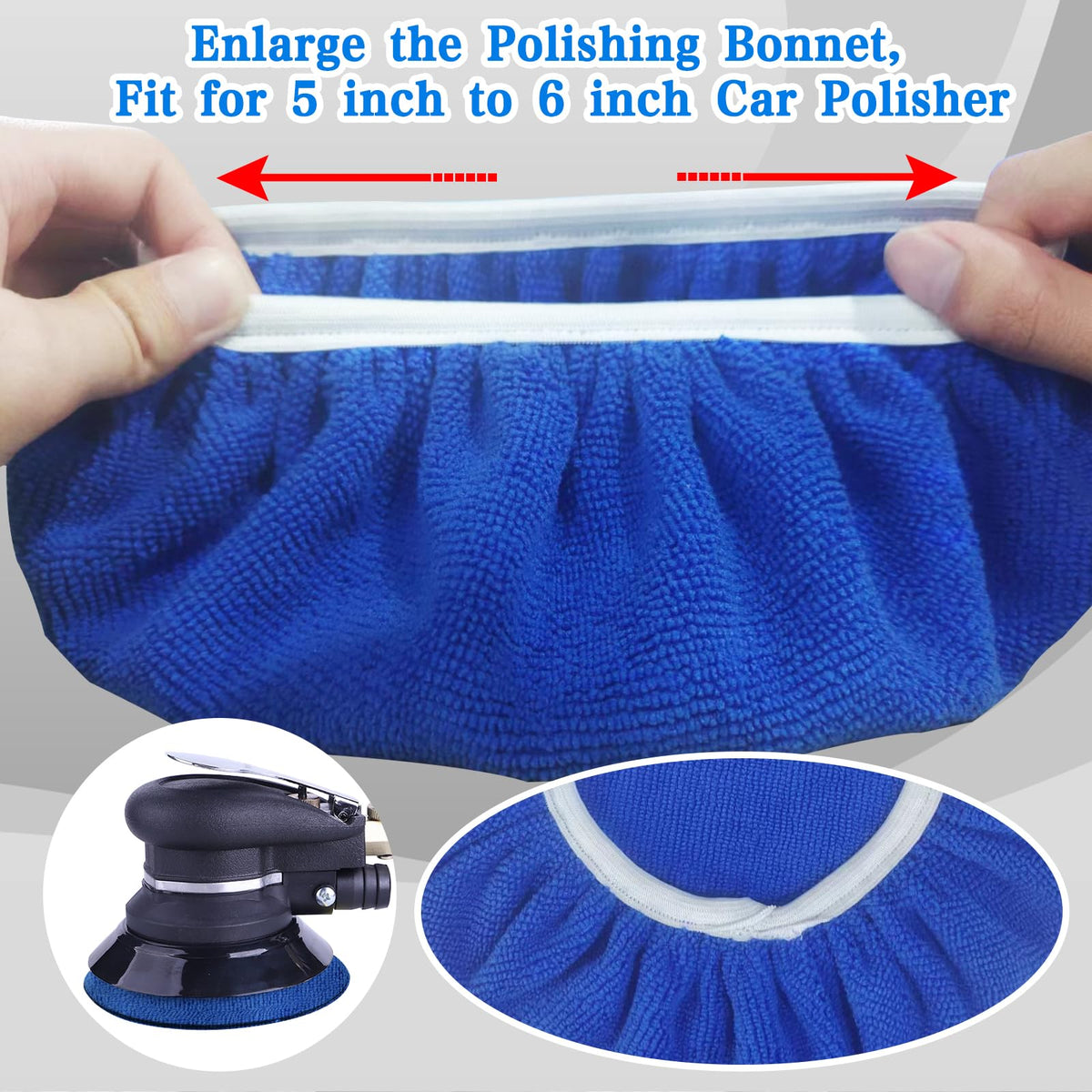 Boltigen bonnet stretched onto a 9–10 inch polisher demonstrating secure elastic fit benefit