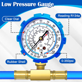 Boltigen pressure gauge attached to hose showing readable markings for R134a, helps precise charging