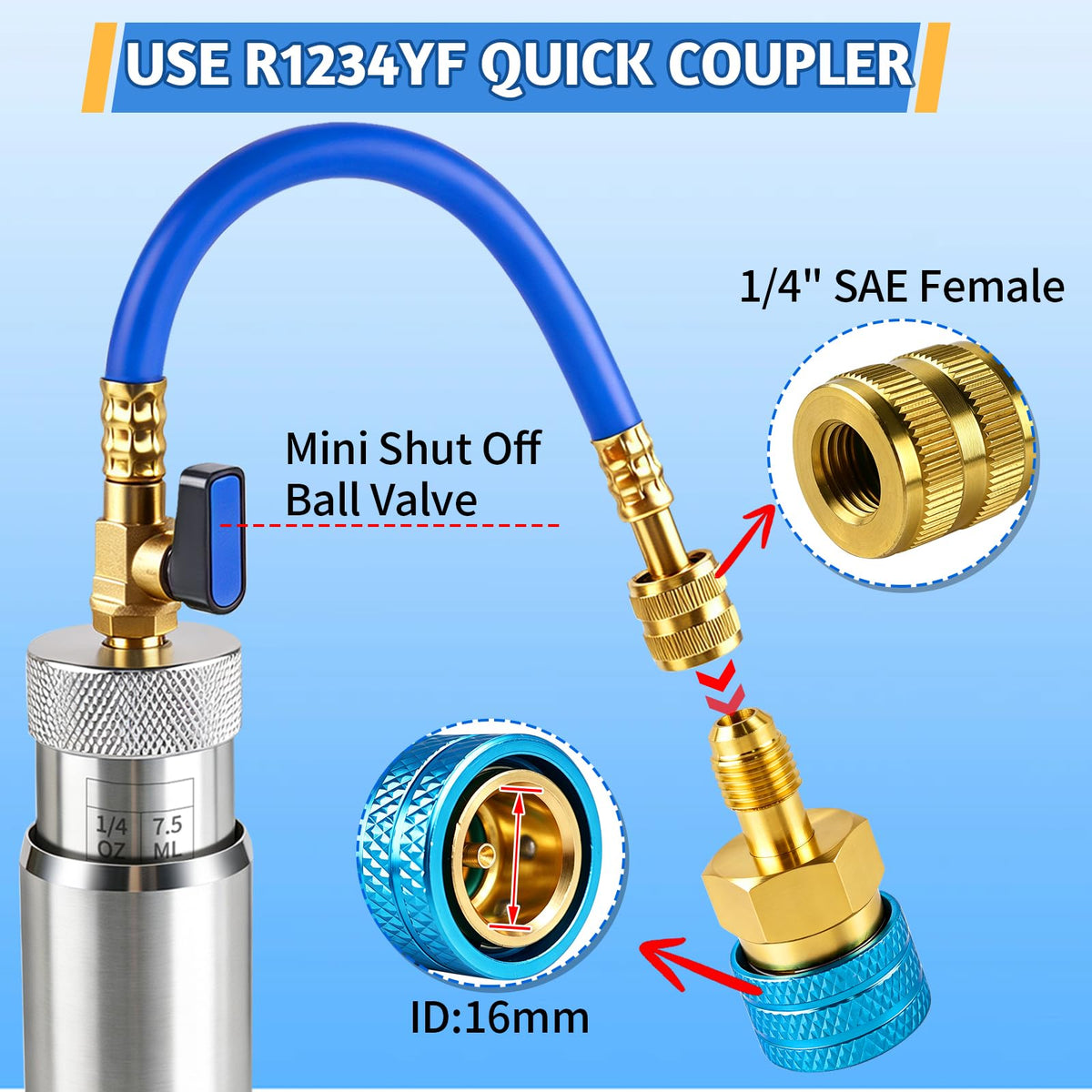 Boltigen attached R1234YF low-side coupler demonstrating cross-refrigerant use