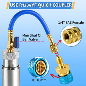 Boltigen attached R1234YF low-side coupler demonstrating cross-refrigerant use