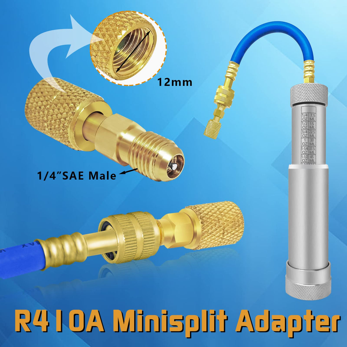 Boltigen R134A, R1234YF and R410 adapters laid out for instant refrigerant compatibility