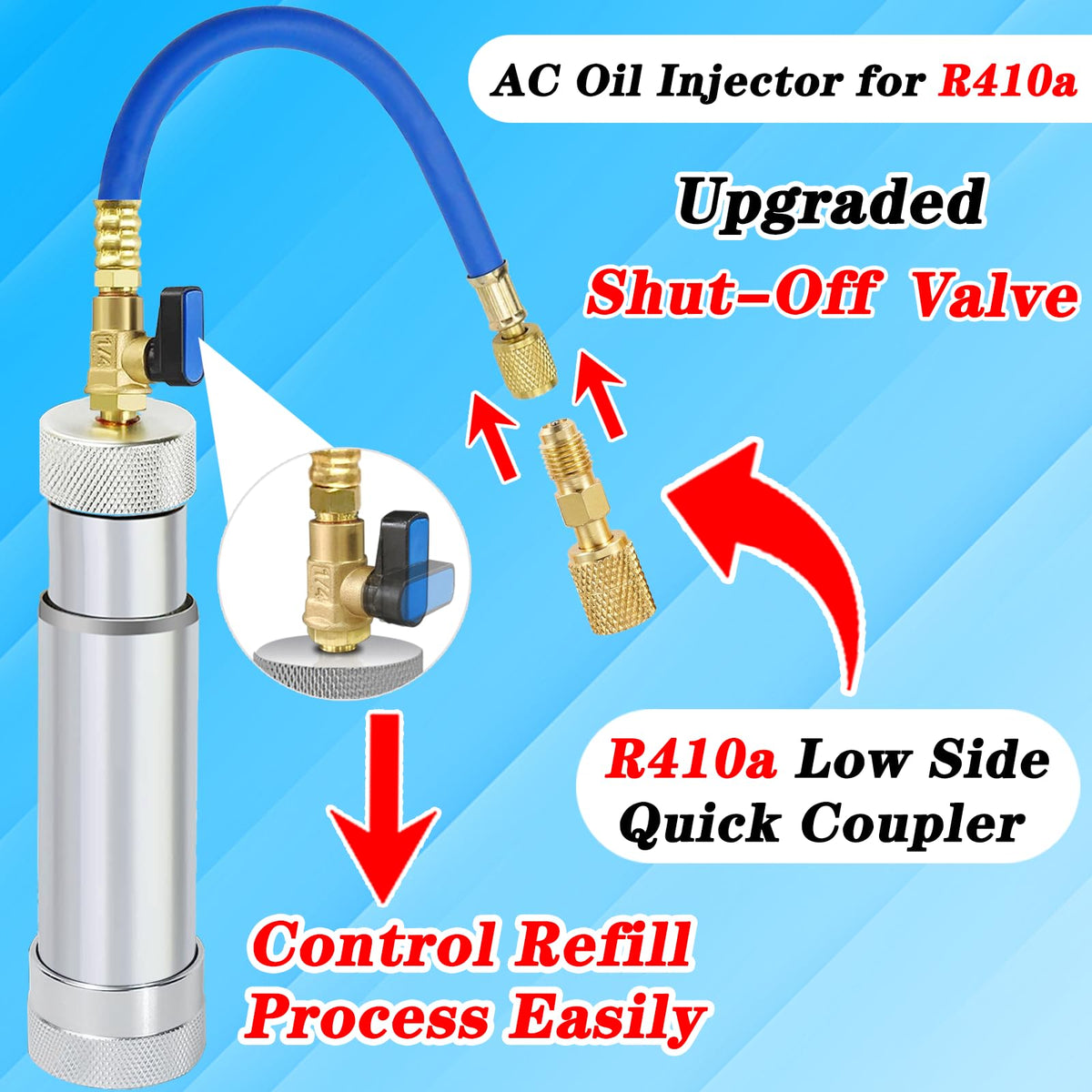 Boltigen injector attached to a car AC low-side port illustrating on-vehicle oil or dye service convenience