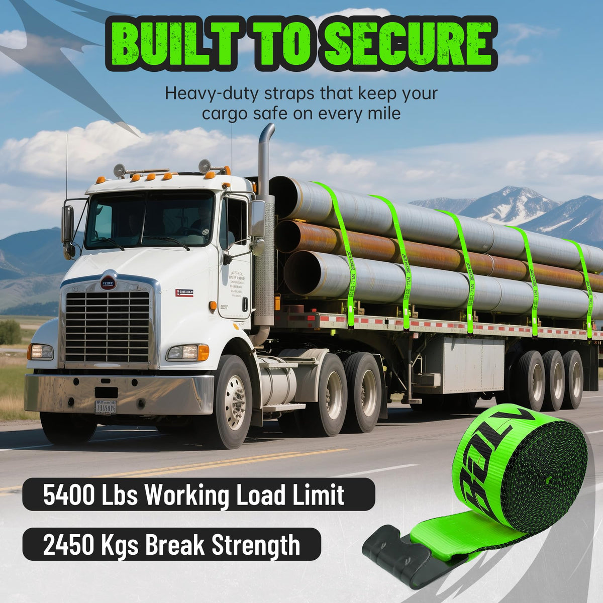 Bolvixor straps in use on flatbed truck securing heavy cargo, demonstrates strong load control