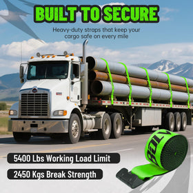 Bolvixor straps in use on flatbed truck securing heavy cargo, demonstrates strong load control