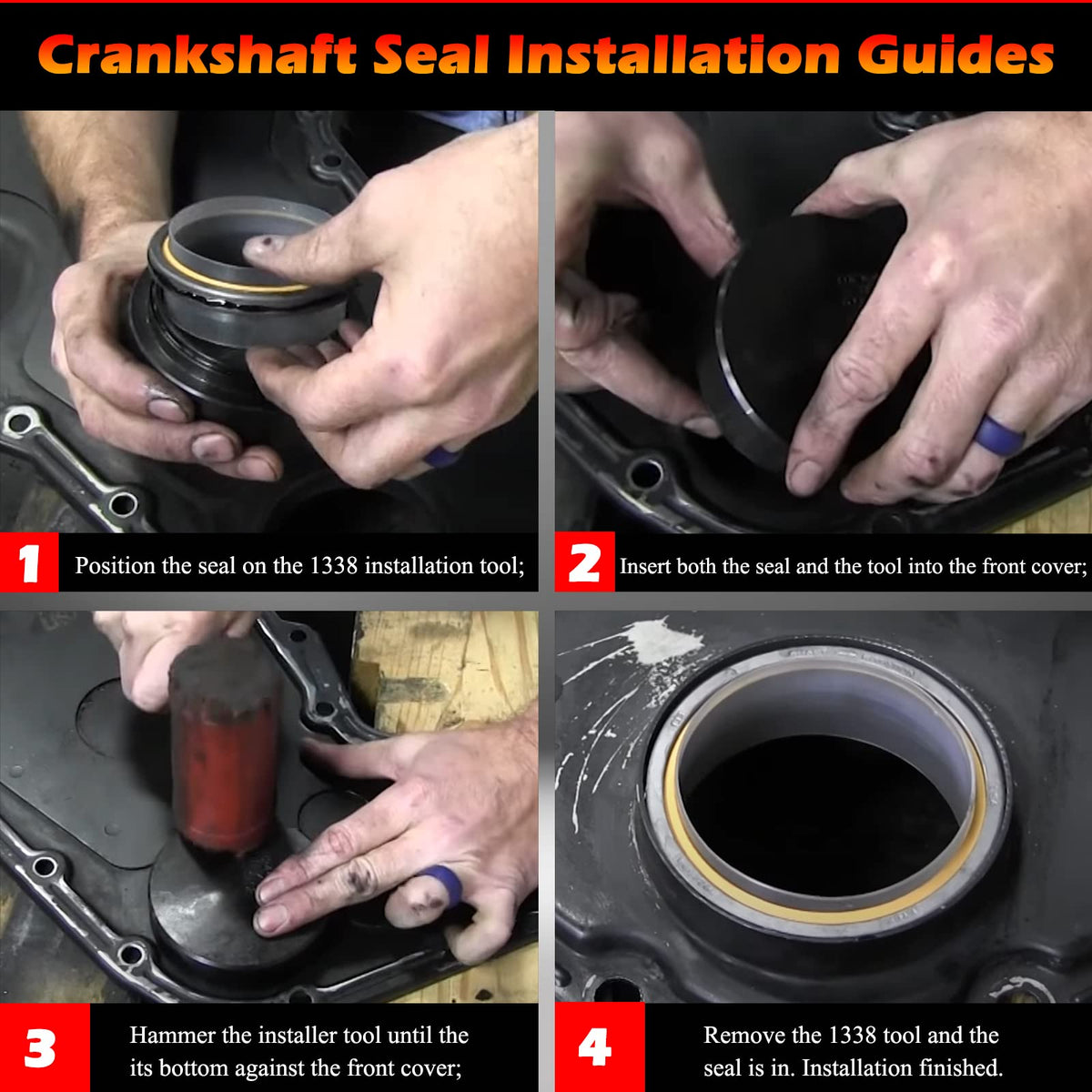 Bonbo tool in use driving a crankshaft seal with correct alignment to prevent leaks
