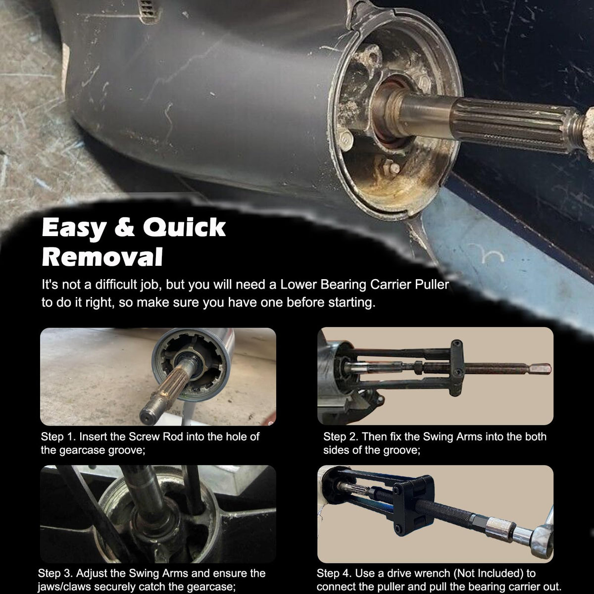 Bonbo puller in use on an outboard lower unit for safe removal