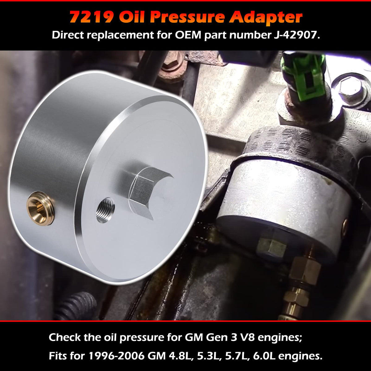 bonbo adapter installed under hood on GM engine for easy oil pressure access benefit