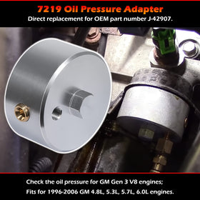bonbo adapter installed under hood on GM engine for easy oil pressure access benefit