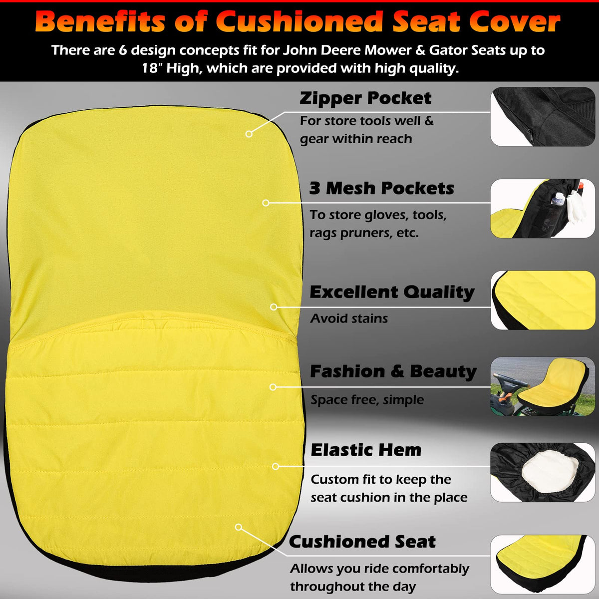 Bonbo seat cover installed on riding mower showing comfortable fit benefit