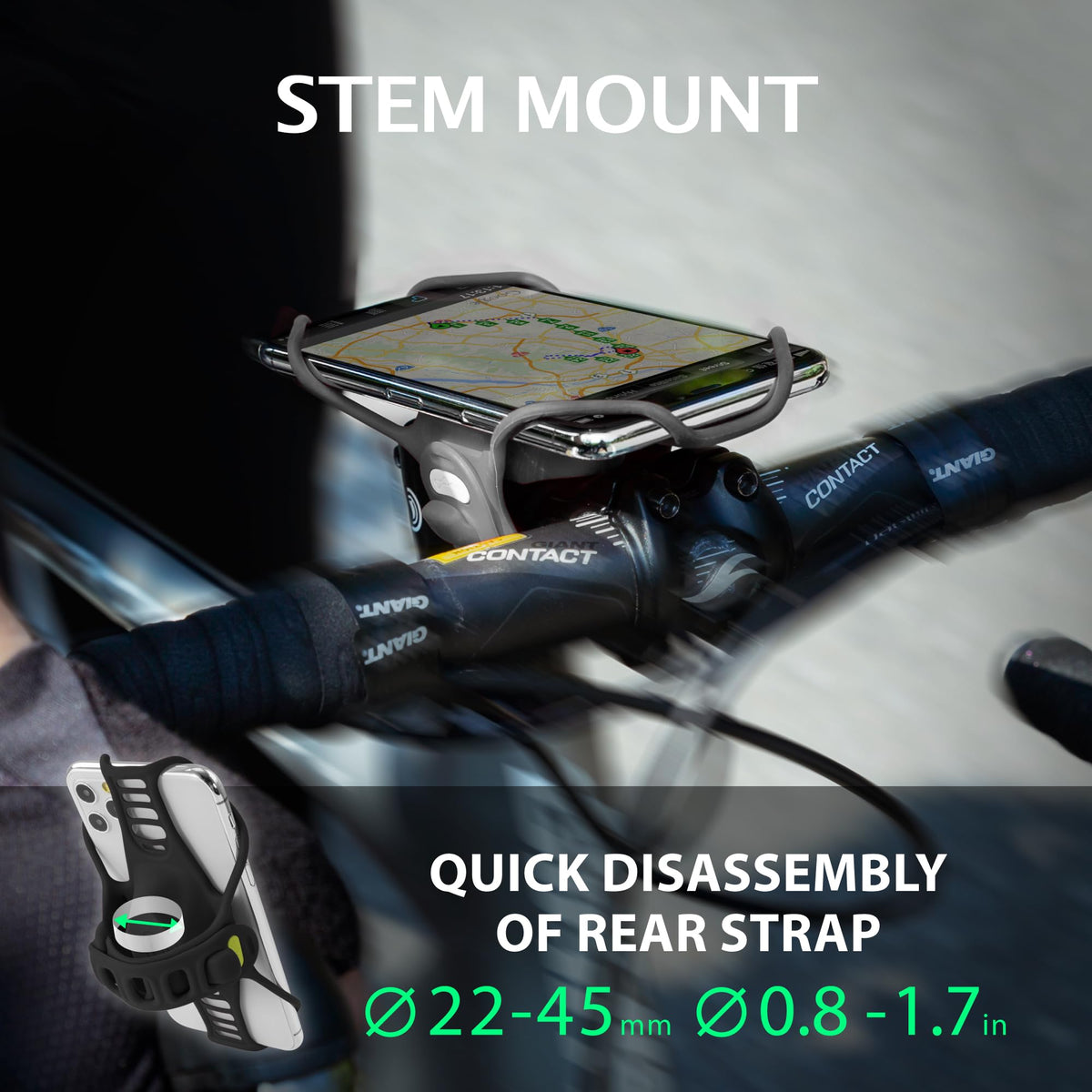 Bone mounted on bike stem with phone displaying navigation for hands-free use