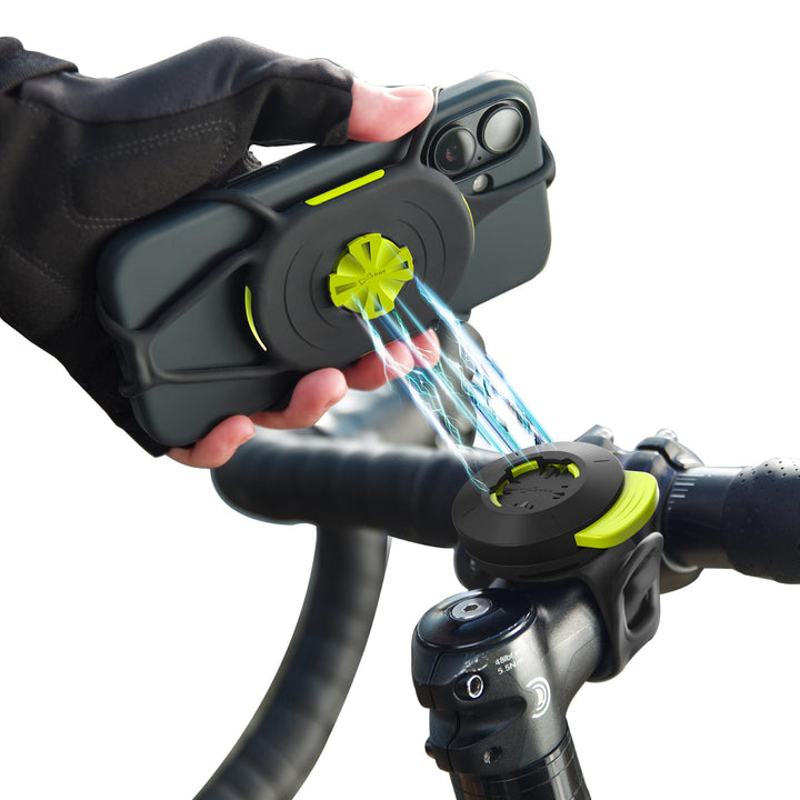 Bone front view of stem‑mounted phone mount showing secure placement and clean cockpit