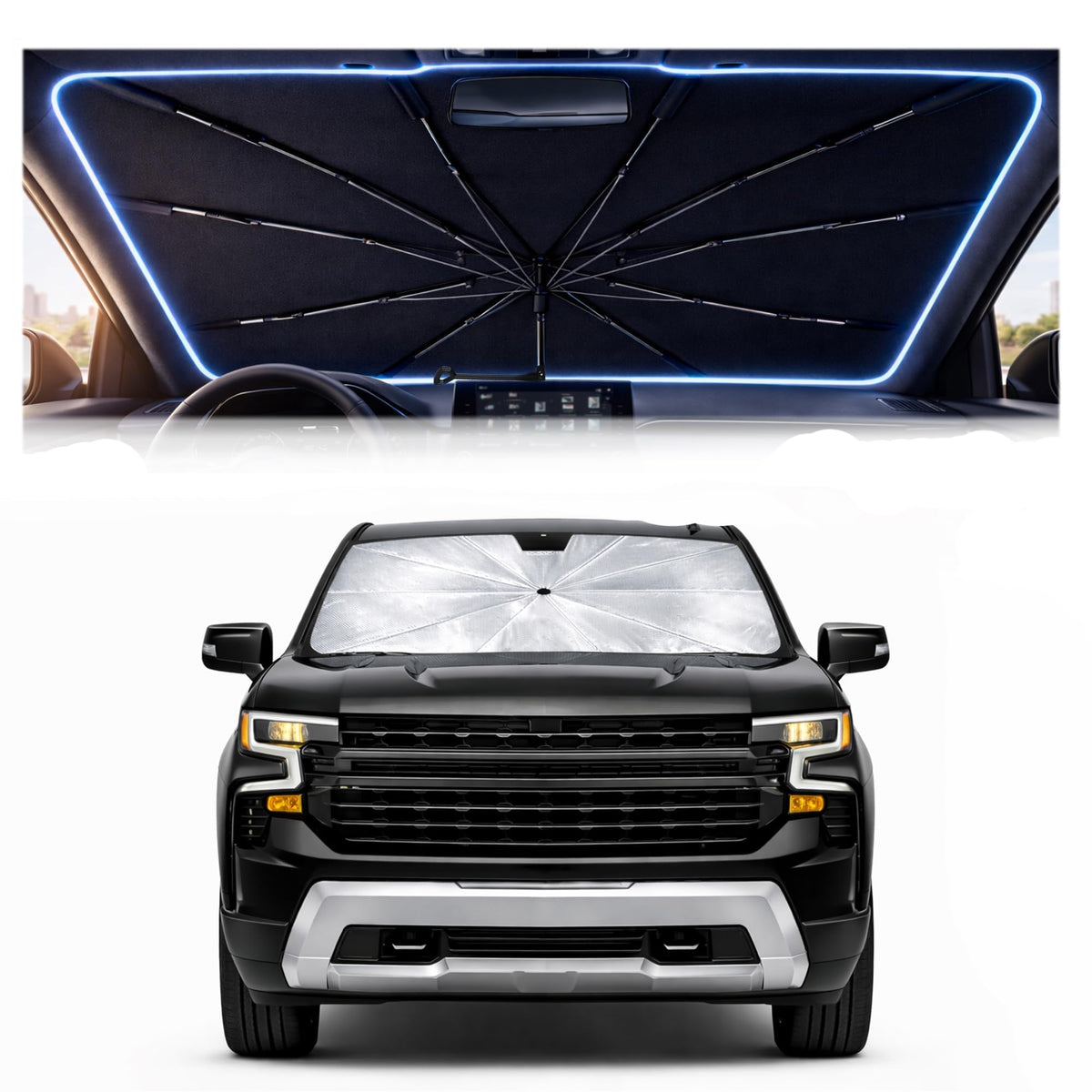 BONULI front view installed in Silverado blocking sun and improving comfort