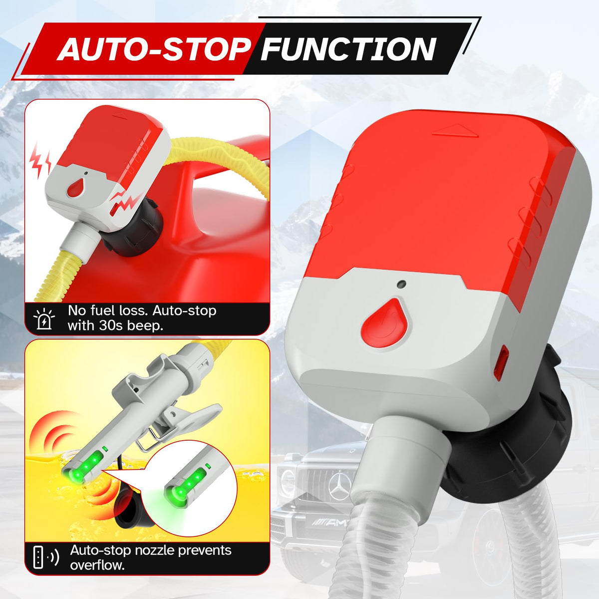 Bonviee nozzle close-up highlighting auto-stop feature for no-spill safety