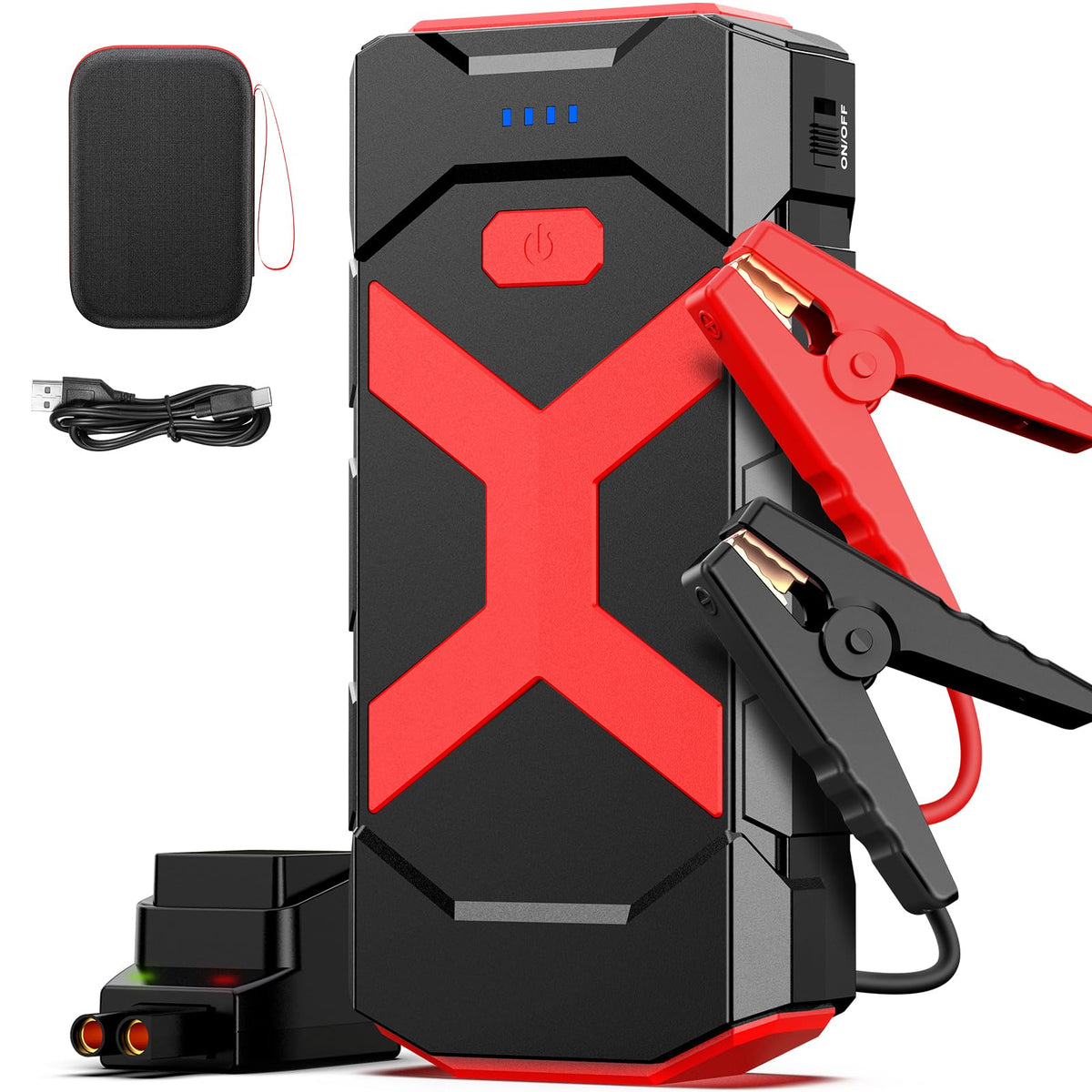 BOOKOO A9 front view showing compact jump starter and display, reliable roadside power