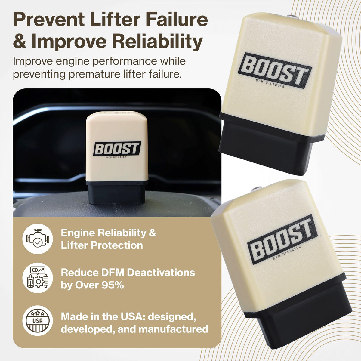 Boost AFM DFM Disabler plugged into vehicle OBD port demonstrating simple installation benefit convenience