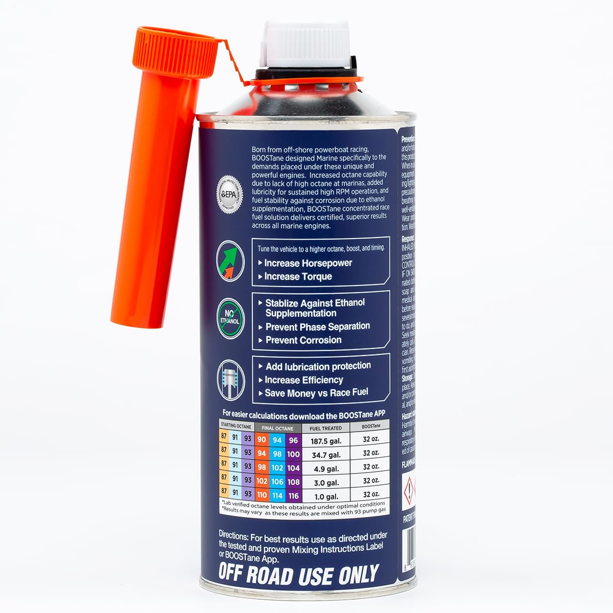 BOOSTane Marine close-up label showing instructions and benefits, ensures correct use
