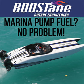 BOOSTane Marine being poured into a boat fuel tank, helps stabilize ethanol fuel