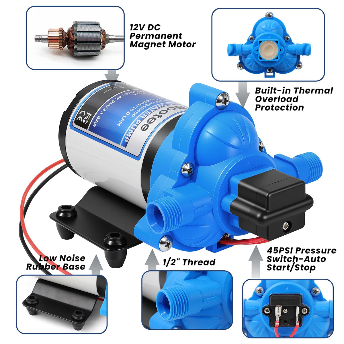 Bootee pressure switch detail showing automatic 45 PSI control for steady water delivery