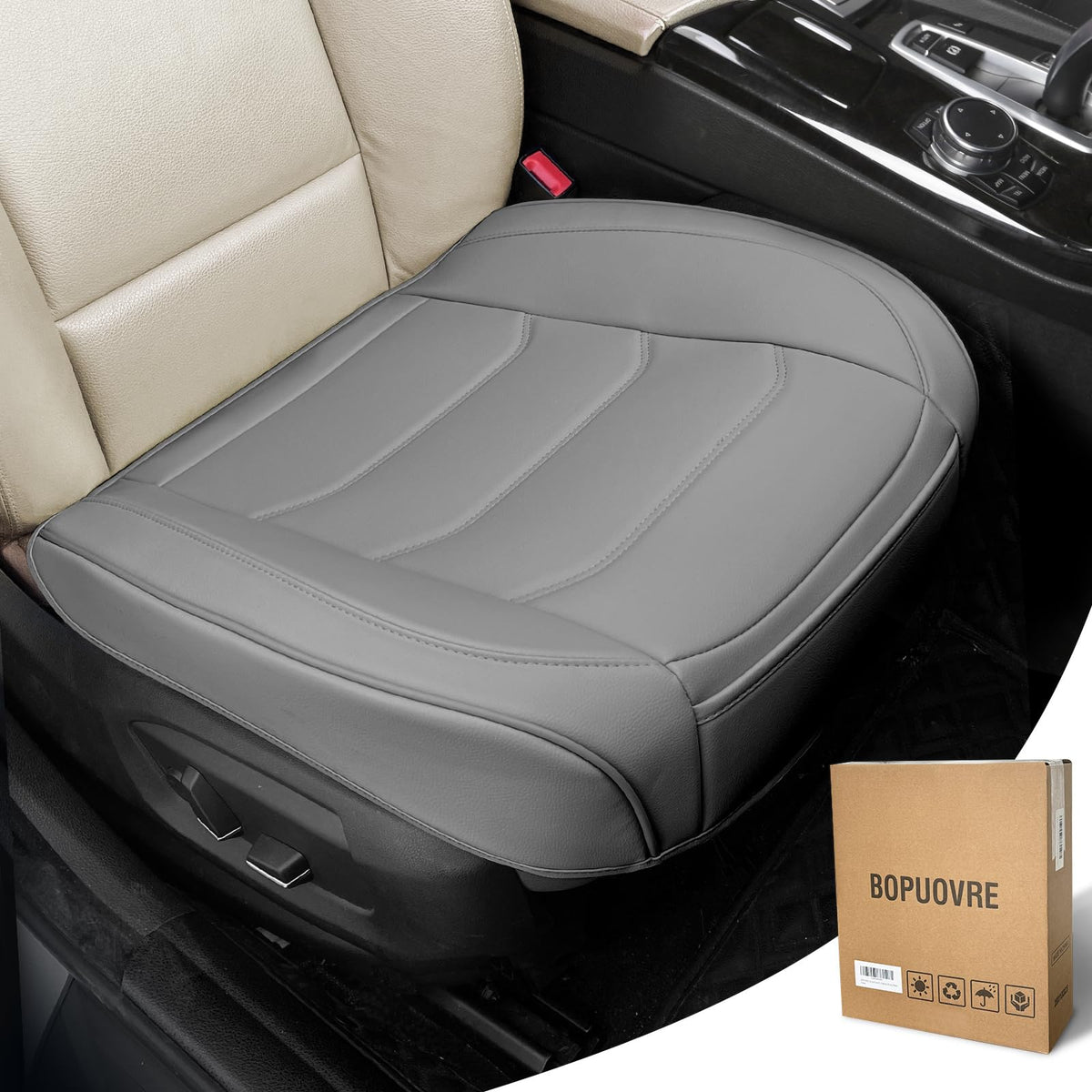 BOPUOVRE front view packaging showing premium seat cover and benefits