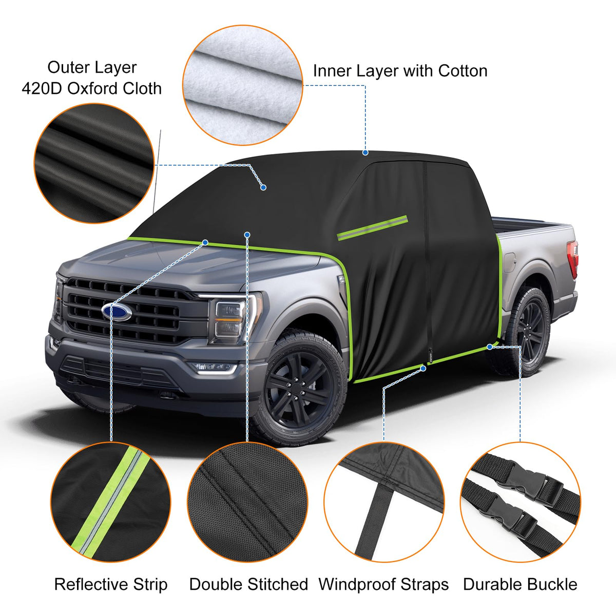 BORDAN adjustable windproof buckles fastened under truck, secures cover in strong winds