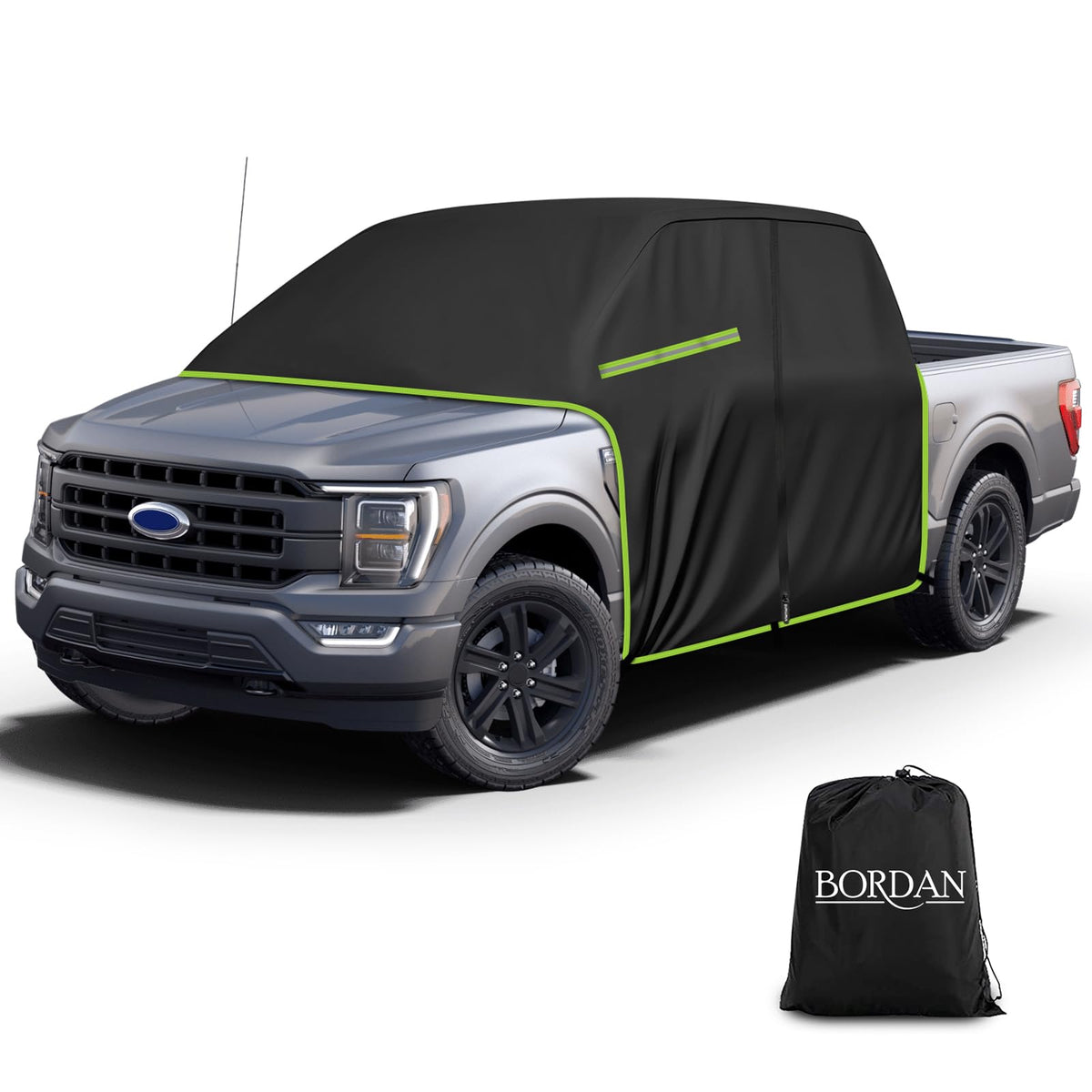 BORDAN front view of cab cover protecting windshield and hood, shows weather protection
