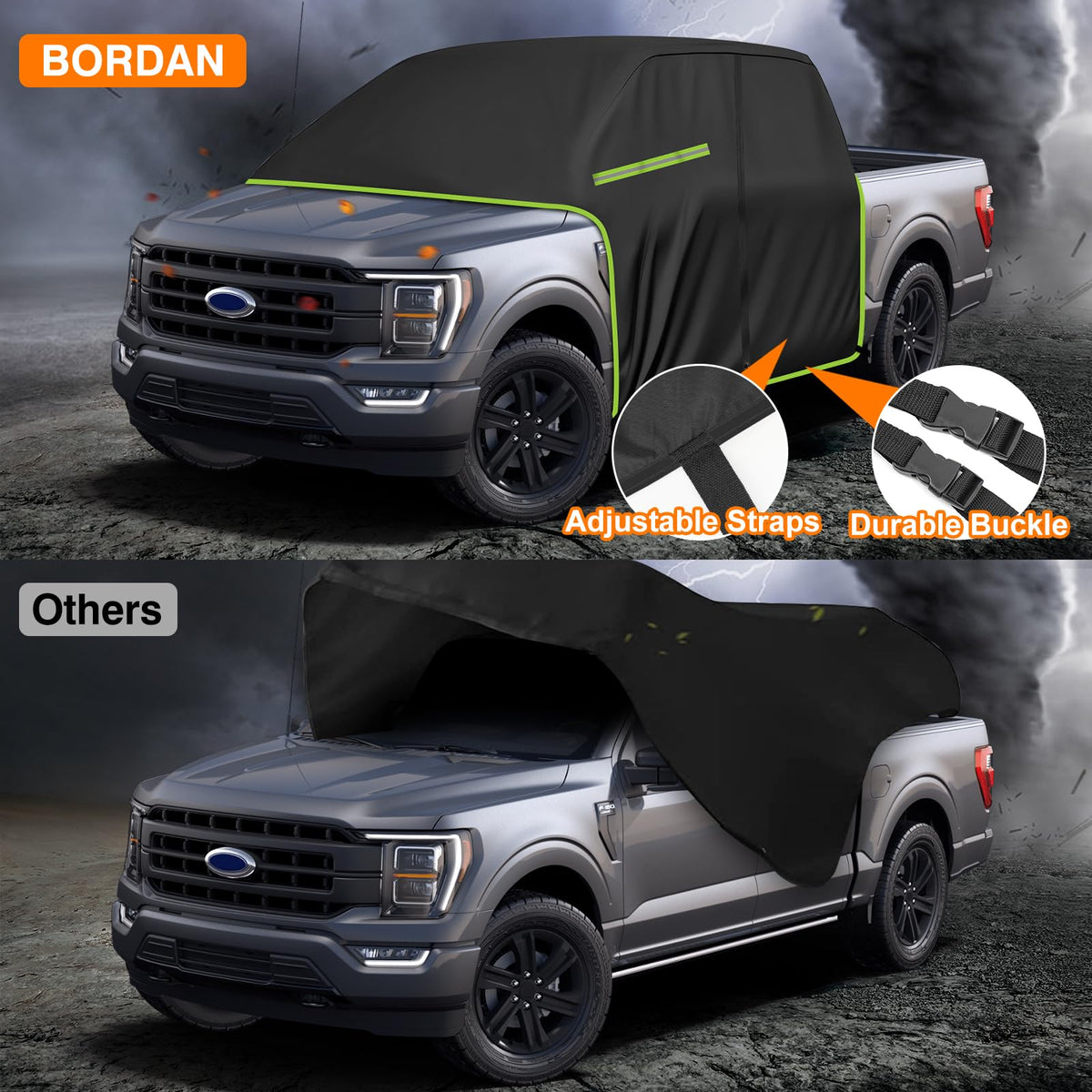 BORDAN reflective strips on cover visible at night, improves low-light vehicle awareness
