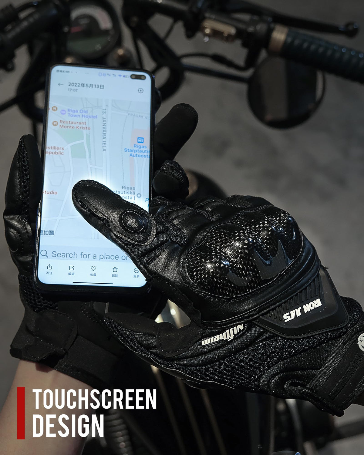 BORLENI gloves worn while riding showing control and comfort in use
