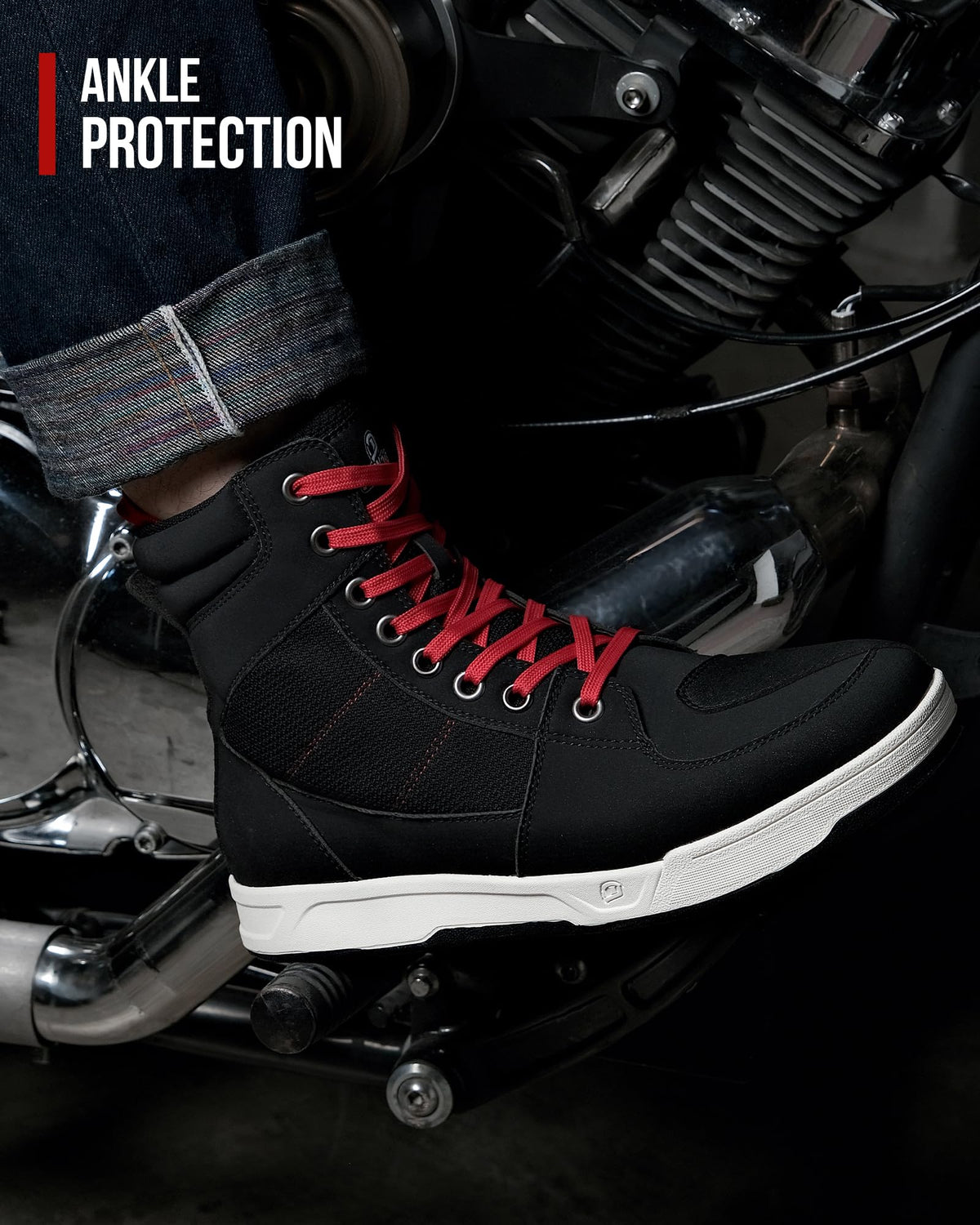 BORLENI shoe in use on motorcycle demonstrating practical protection
