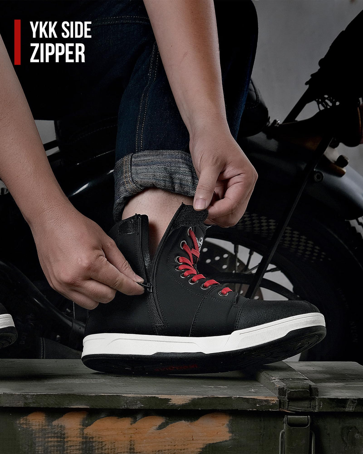 BORLENI boot on motorcycle footpeg demonstrating stability and control