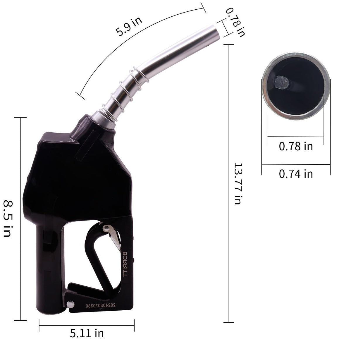 BORRITT close-up of 13/16 inch spout showing sensor tip for safe shut-off