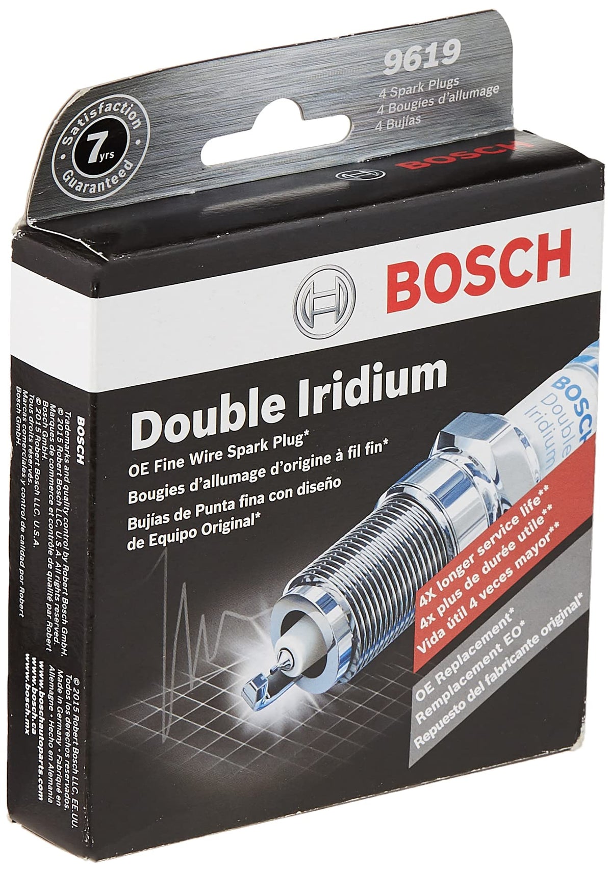 Bosch 9619 electrode close-up highlighting double iridium for longer life