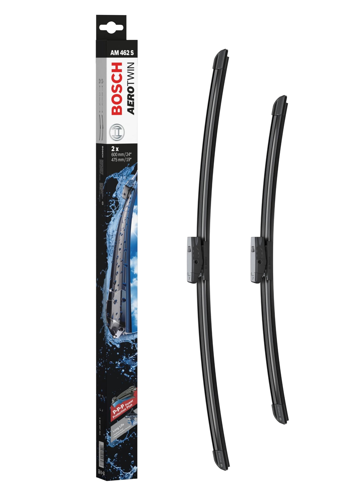 BOSCH AeroTwin front view showing sleek bracketless blade, improved visibility
