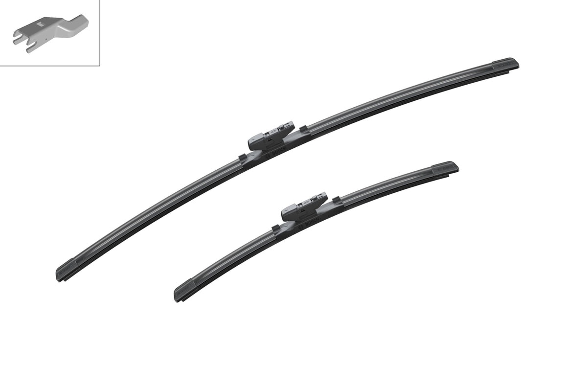 Bosch AeroTwin blades beside a ruler for size comparison ensuring correct 26 and 16 inch fit