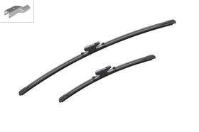 Bosch AeroTwin blades beside a ruler for size comparison ensuring correct 26 and 16 inch fit