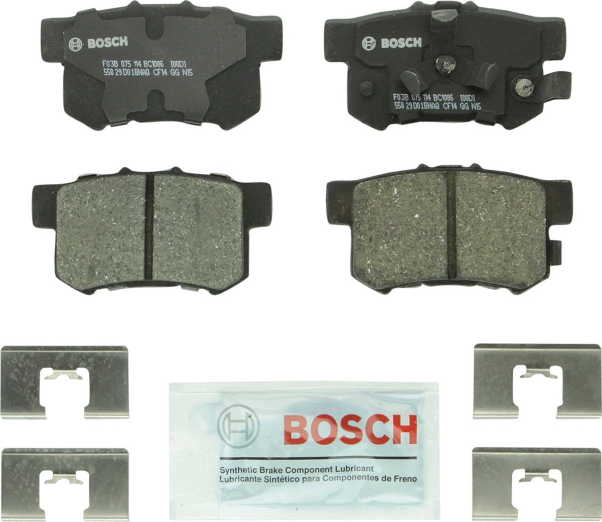Bosch BC1086 rear pad front view showing packaging and ready-to-install benefit