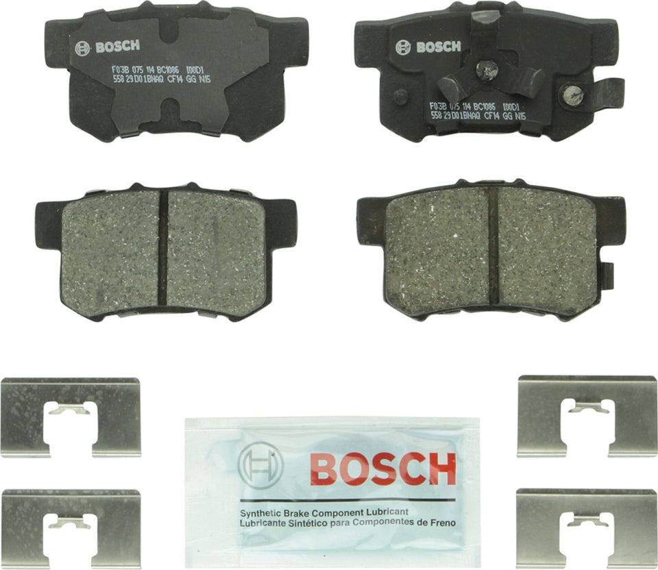 Bosch BC1086 rear pad front view showing packaging and ready-to-install benefit