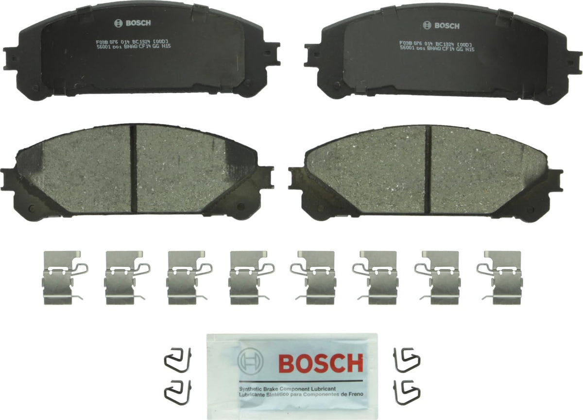 Bosch QuietCast BC1324 front packaging showing complete pad set and hardware benefits