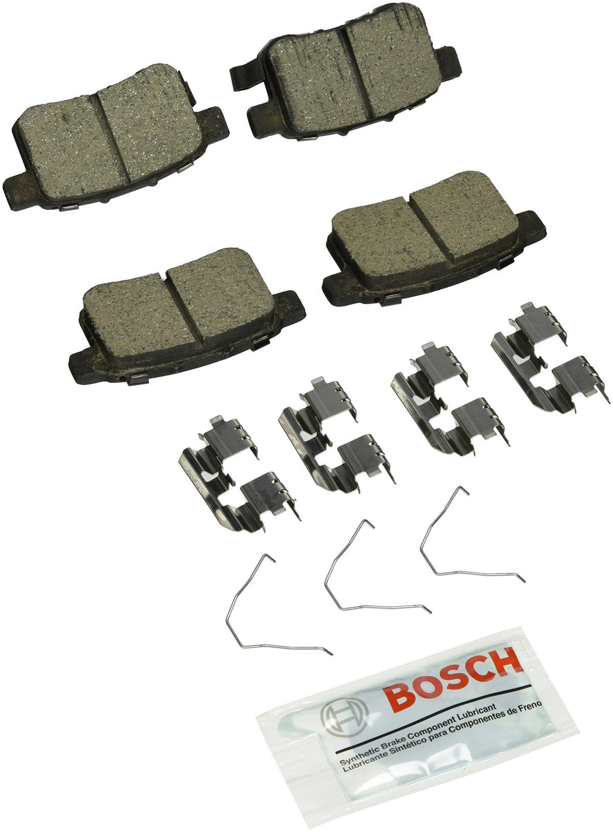 Bosch BC1451 rear pad front view showing full pad and hardware, Bosch branded quiet performance