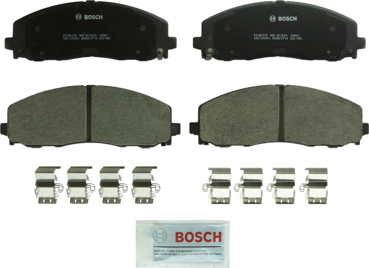 Bosch BC1589 front packaging showing complete pad set and hardware