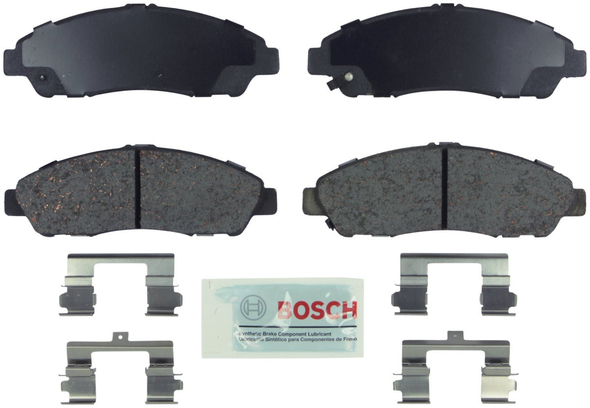 Bosch BE1280H front packaging showing pads and hardware, clear fit confirmation benefit