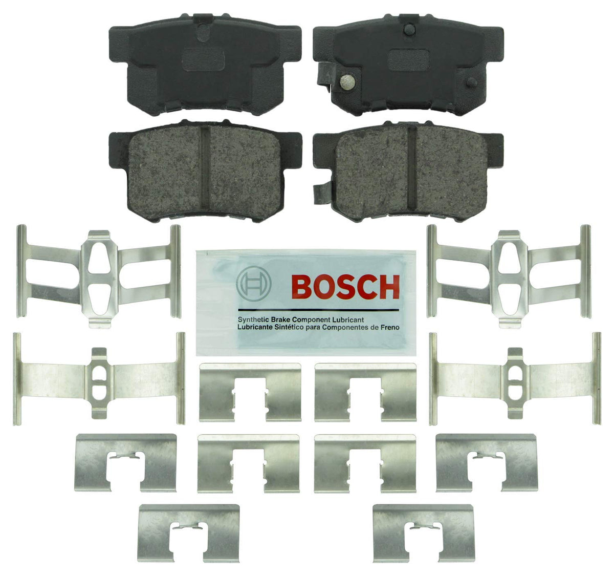 Bosch BE537H rear pads front view showing packaging and ready-to-install hardware benefit