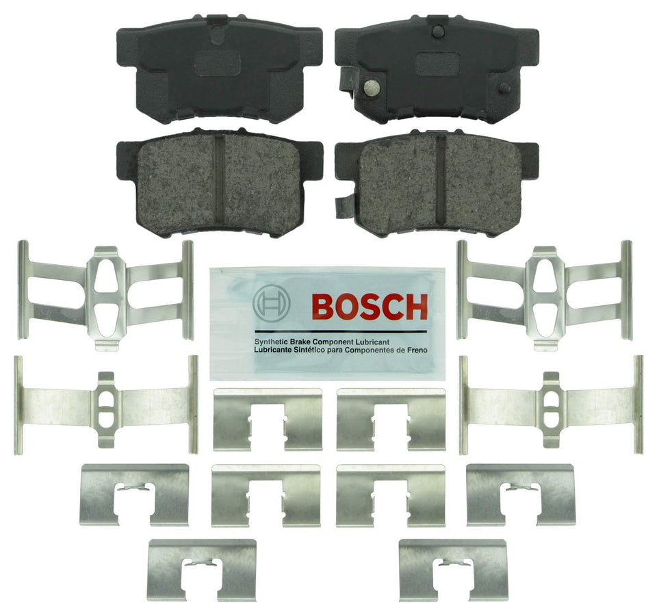 Bosch BE537H rear pads front view showing packaging and ready-to-install hardware benefit