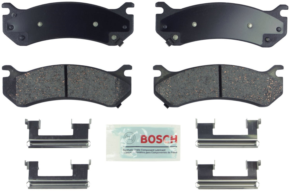 Bosch BE785H front-axle brake pad set in retail box showing included towel and hardware