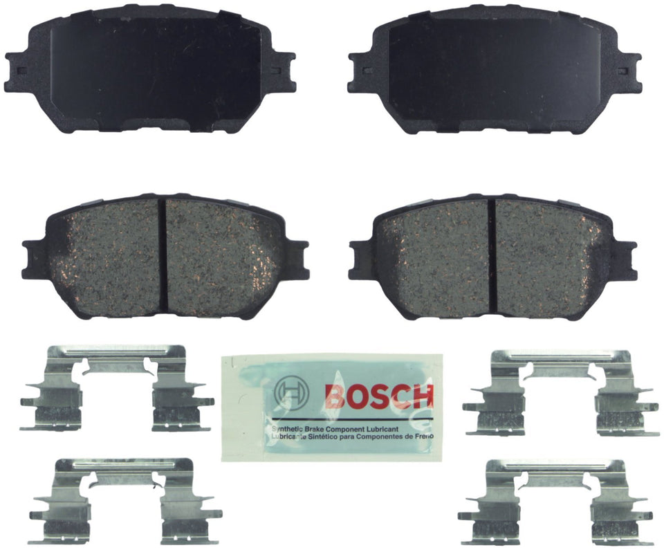 Bosch BE908H front pad set in box showing hardware and towel, Bosch ready-to-install