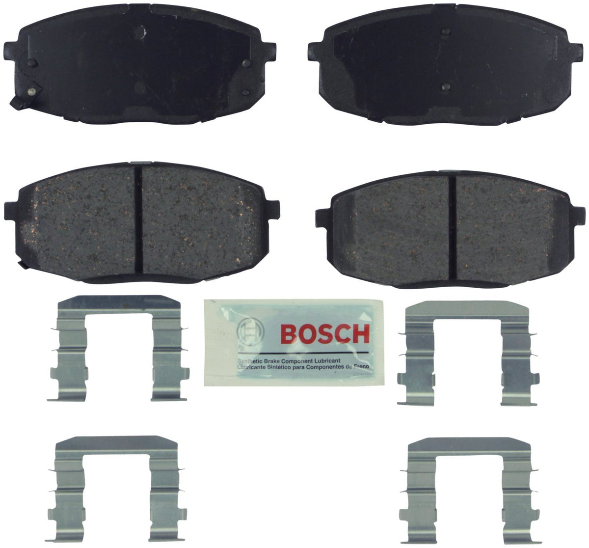 Bosch front brake pad packaging with included hardware showing easy installation