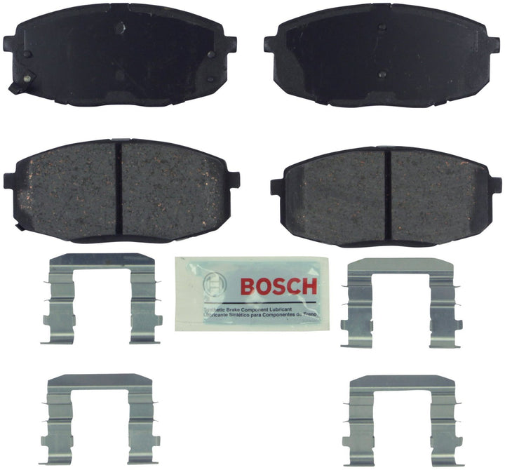 Bosch front brake pad packaging with included hardware showing easy installation
