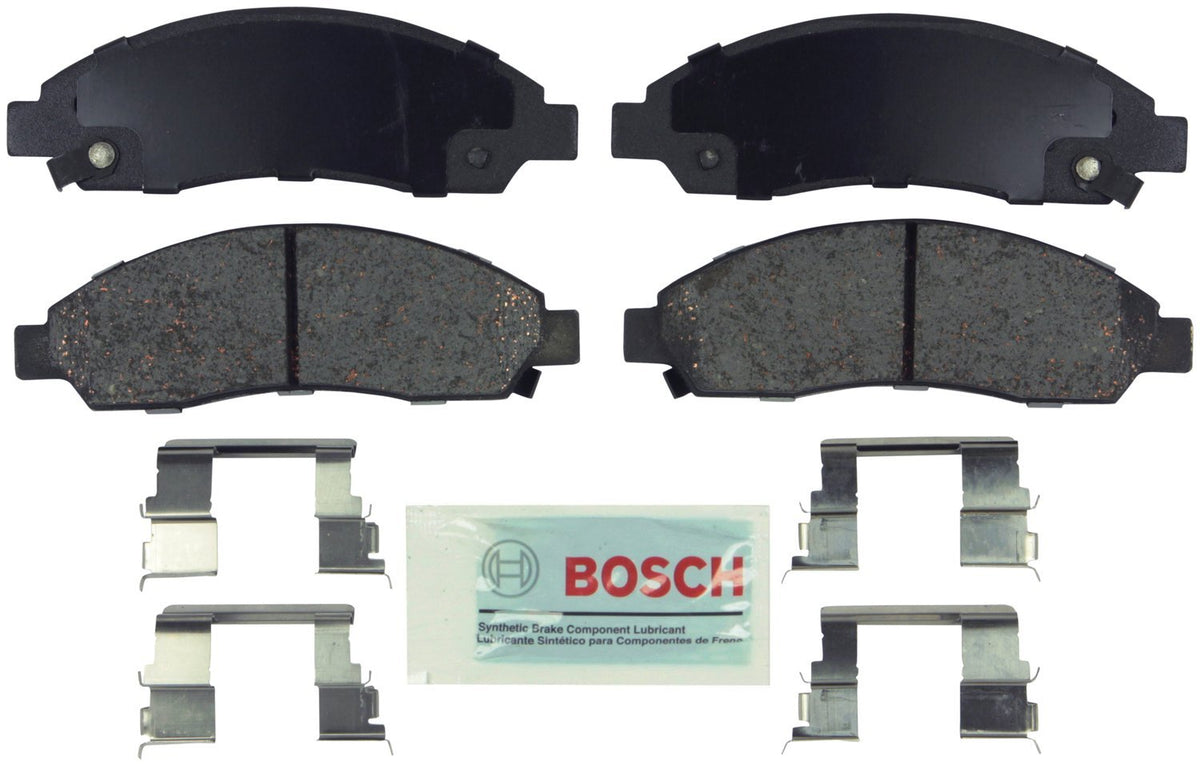 Bosch Blue front packaging showing complete pad set and hardware, reliable fit