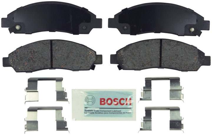Bosch Blue front packaging showing complete pad set and hardware, reliable fit